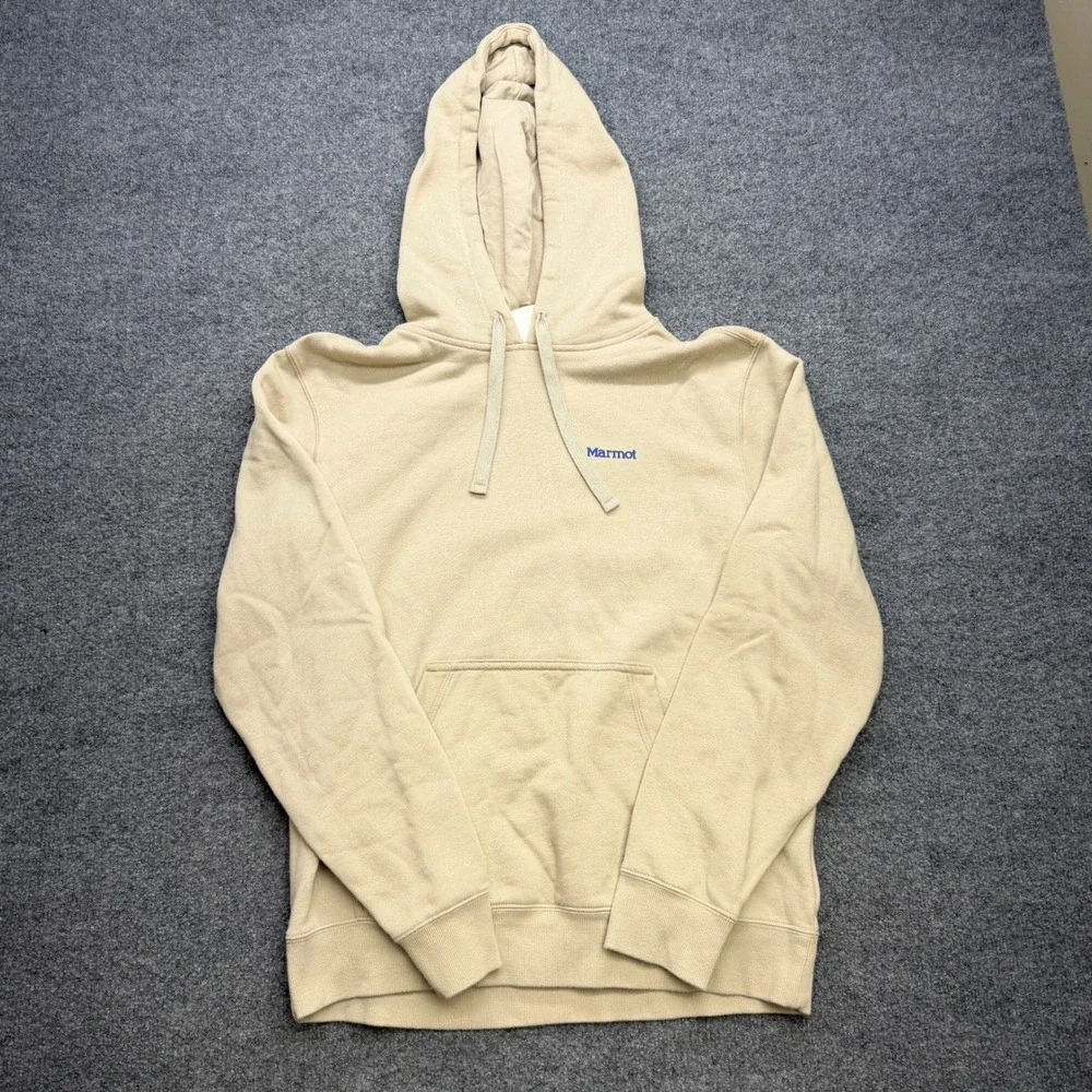 Marmot Mountain Works Mens Hoodie Tan Beige Graphic Mountain Pullover M